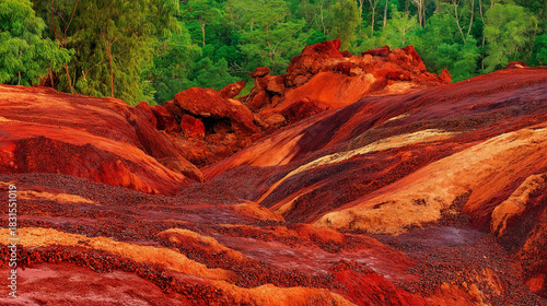 bauxite. Exposed bauxite layers in tropical red soil under natural sunlight. safety posters, maintenance manuals, designed for precision metalworking and fabrication facilities, improves efficiency.
