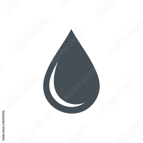 Simple dark blue water drop icon highlighting surface tension and fluid dynamics against stark white background