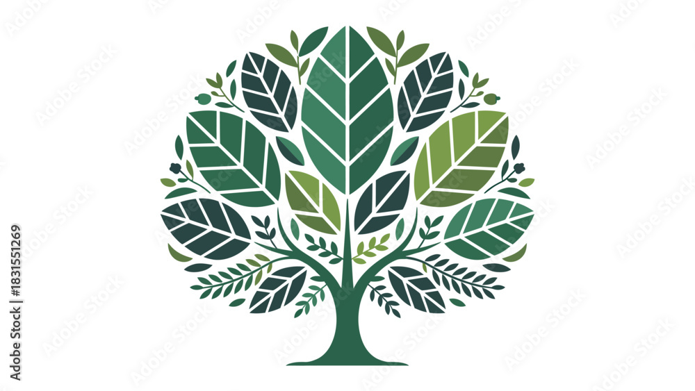 Obraz premium Eco-Friendly Tree Illustration: A vibrant illustration depicts a lush tree, its intricate design showcasing leaves of varying shades of green, symbolizing growth and environmental harmony.