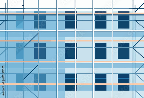Abstract illustration depicting a building facade with scaffolding in various shades of blue and tan