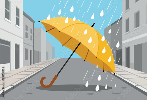 Illustration depicts a yellow umbrella open on a rainy street, with buildings in the background