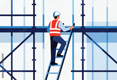 An illustrated construction worker in safety gear climbs a ladder. Scaffold surrounds. Blue and white tones with bold lines