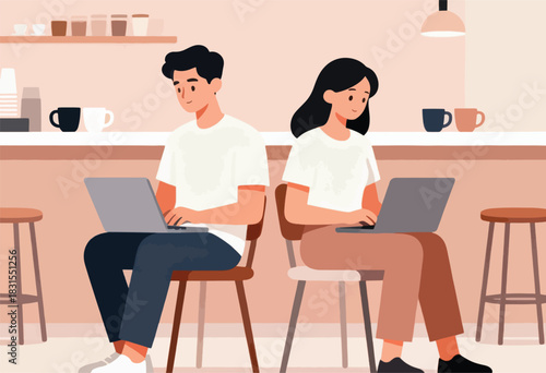 Illustration of a cafe setting featuring a man and a woman, seated at stools, working on laptops. Mugs decorate