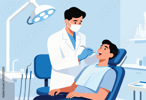A dentist in a mask and gloves treats a patient in a dental chair under a lamp. The setting is a clean blue office