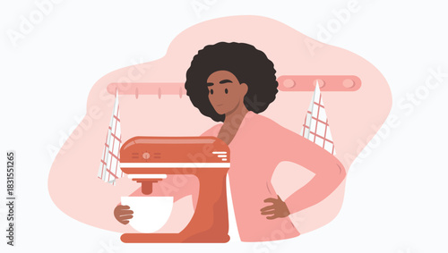 vector flat style illustration on the theme of bakery. woman and food processor 