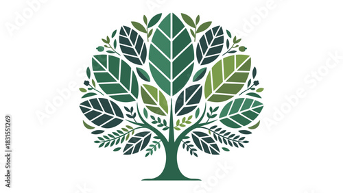 Eco-Friendly Tree Illustration: A vibrant illustration depicts a lush tree, its intricate design showcasing leaves of varying shades of green, symbolizing growth and environmental harmony.