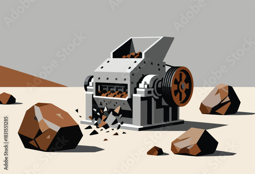 A geometric illustration shows a rock crusher, with a feed hopper, crushing chamber, rocks, and various debris