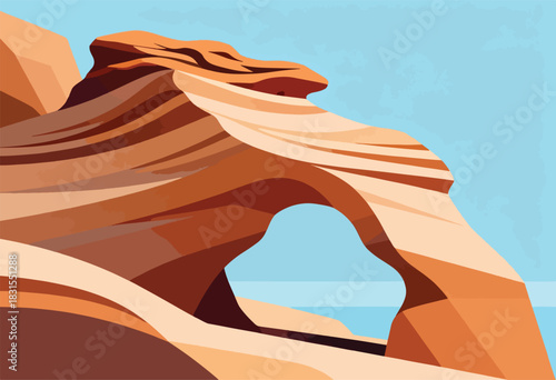 Digital art of a sandstone arch in a stylized landscape, with a blue sky background