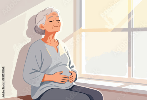 A serene image of an elderly woman, hands on her belly, eyes closed, basking in sunlight near a window