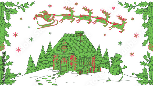 Highly detailed Christmas doodle vector in fine line art style, filled with festive elements and decorative holiday icons.