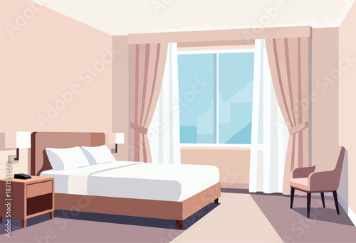 Minimalist illustration of a hotel room with a bed, window, chair, nightstand, and drapes