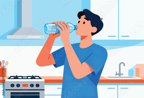 Illustration of a person in a kitchen, drinking from a water bottle, with stove and cabinets
