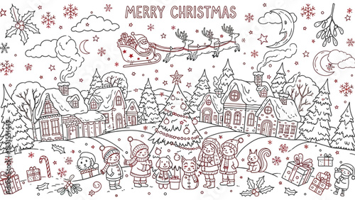 Highly detailed Christmas doodle vector in fine line art style, filled with festive elements and decorative holiday icons.