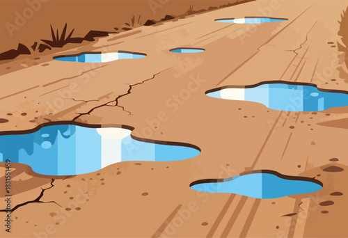 Stylized illustration of a dusty road with puddles reflecting the sky. Ground is cracked. Bush is on the side