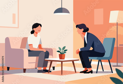 Two women in an abstract counseling session, one on a sofa, the other in a chair, discussing