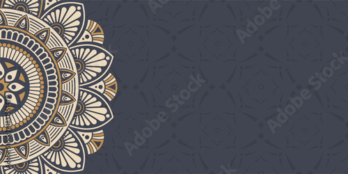 Horizontal color vector mandala banner. Decorative flower mandala background with place for text. Colorful abstract graphics. Arabic, islamic east style. Vector color illustration.