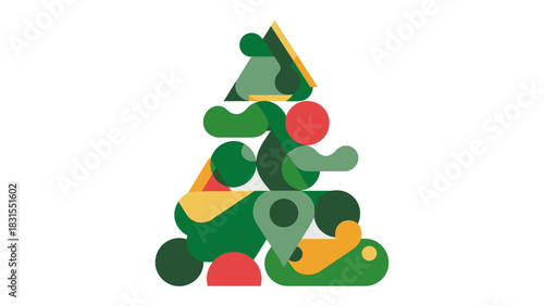 Geometric Journey: A vibrant geometric illustration portrays a whimsical journey through nature, with a traveler traversing a stylized landscape with a mix of geometric shapes. 