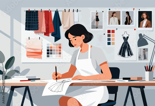 A fashion designer sketches a dress at her desk, surrounded by fabric swatches and inspiration