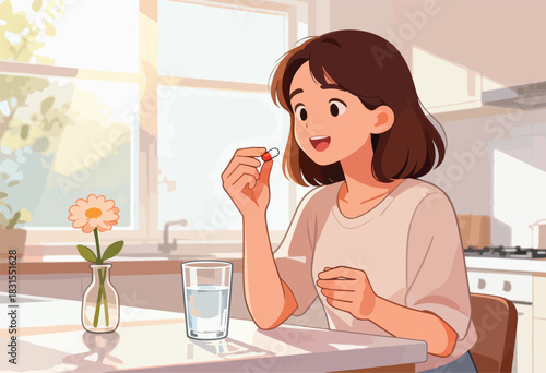 Illustration of a woman about to take a pill, with water and a flower. Sunlight floods the kitchen