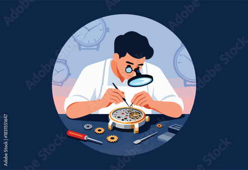 A watchmaker meticulously repairs a timepiece using tools and magnification. The scene is within a blue oval