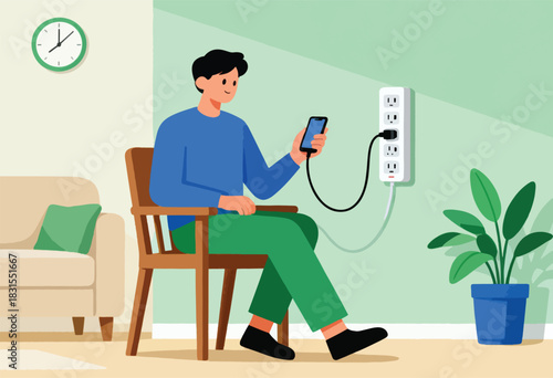 A person in a blue shirt and green pants seated, uses a phone plugged into an outlet