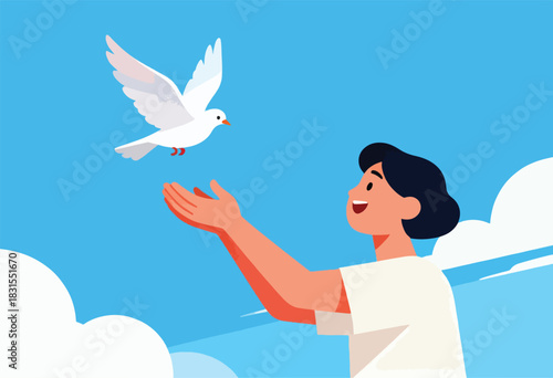Illustration of person smiling with arms outstretched towards a dove flying in a blue sky
