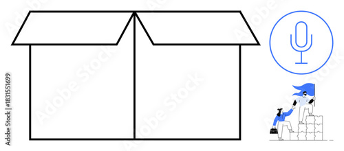 Open box with microphone icon and tiny team stacking boxes emphasizes innovation, teamwork, creativity, and discovery. Ideal for problem-solving, brainstorming, communication, leadership, project