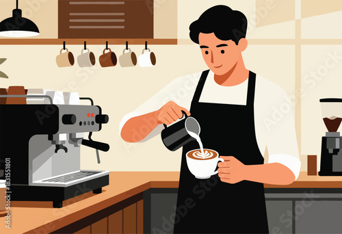 A barista in a black apron pours milk into a latte cup, near espresso machine, with mugs & coffee grinder