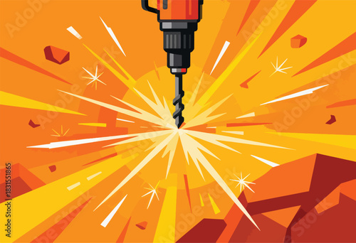 A close-up view of a power drill in action against a dark-red and yellow background, bursting into light