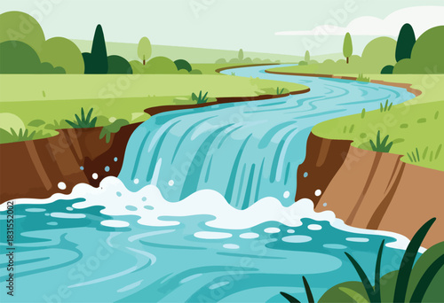 A vibrant illustration depicts a flowing river cascading over a waterfall amidst green landscapes
