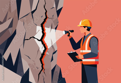 A worker in a hard hat and vest examines a cracked stone wall with a flashlight and clipboard