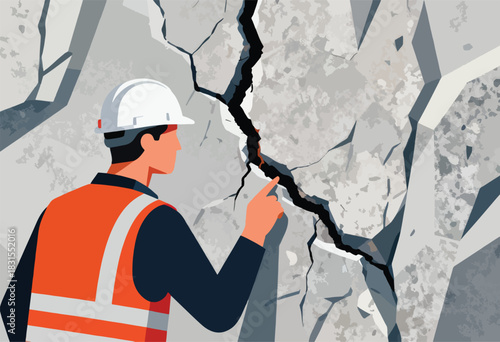 A worker in a hardhat and vest examines a cracked wall. Dark crack splits the wall with other breaks