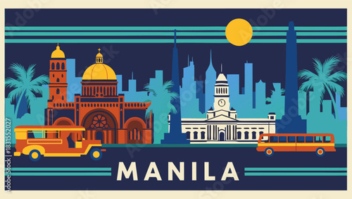 Dynamic Manila Philippines Urban Scene Retro Vector Art Featuring Historic Architecture, Jeepney, and Bus Against Sunset Sky