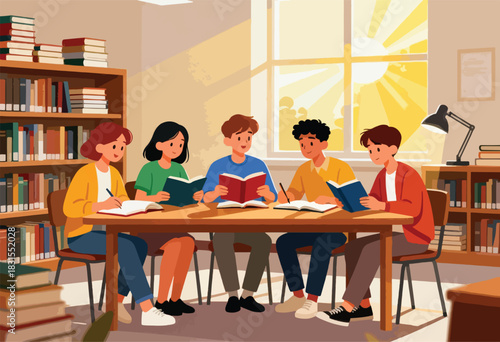 Group of five students study at a table in a bright library, surrounded by bookshelves. Warm sunlight streams through a window