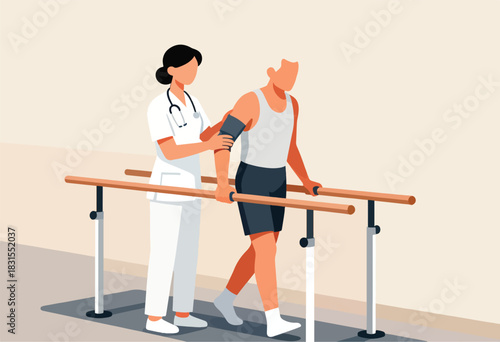 A nurse assists a patient with walking on parallel bars in a therapy setting. The patient wears a tank top