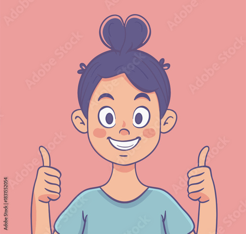 Cheerful cartoon girl with a heart-shaped hairstyle giving a double thumbs-up. Smiling face with happiness, positivity, and imagination. Cute character vector illustration with fun and fashionable