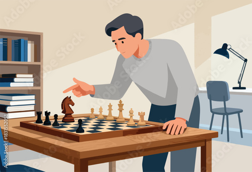 A man in a room points at a chess board with a knight. Bookshelf, chair, and desk lamp are included