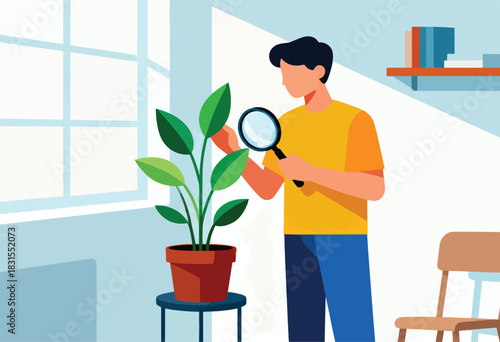 A man examines a houseplant with a magnifying glass, standing near a window in a bright interior