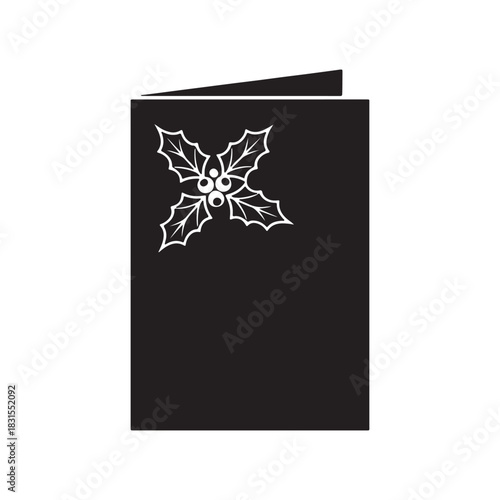 Black Silhouette of Folding Christmas Greeting Card with Holly