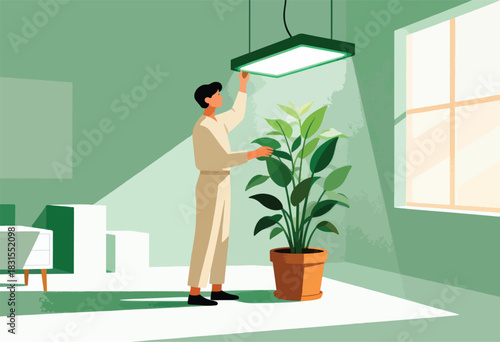 Illustration depicts a person tending to a large potted plant, under a bright light, within a serene, green room