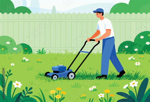 A man in a cap mows a lush green lawn, dotted with wildflowers, with a blue lawnmower