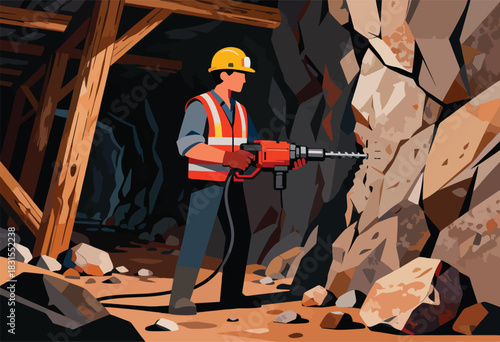 A worker in a mine drills into rock with an electrical drill, protected by hard hat, safety vest and gloves