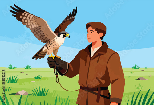 A falconer stands with his falcon in a field with a blue sky background. The bird perches on his gloved hand