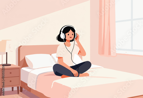 A relaxed person sits cross-legged on a bed, wearing headphones, immersed in music, in a warm, inviting room