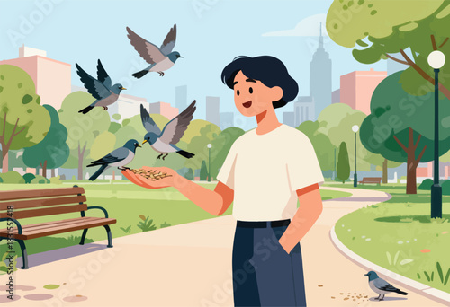 A person in a park feeds birds seeds from their hand. Buildings, trees, a bench, and a path are visible