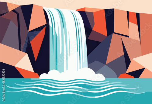 Abstract vector illustration of a waterfall cascading into a body of water, set against a geometric background