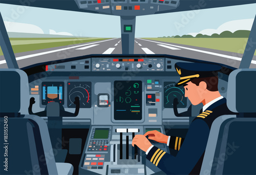 A pilot in uniform in the cockpit, hands on controls, looking out at the runway. Landing is near
