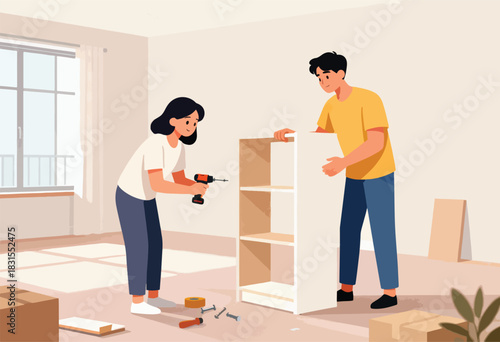 A couple assembles a new shelf in a new home,  with tools, boxes, window light and minimalist design