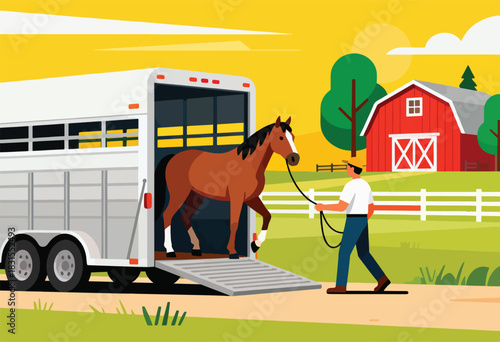 A brown horse exits a trailer while a man leads it on a farm, a red barn is visible in the background