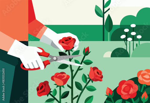 A person in white gloves trims red roses with scissors. Geometric shapes create a garden scene